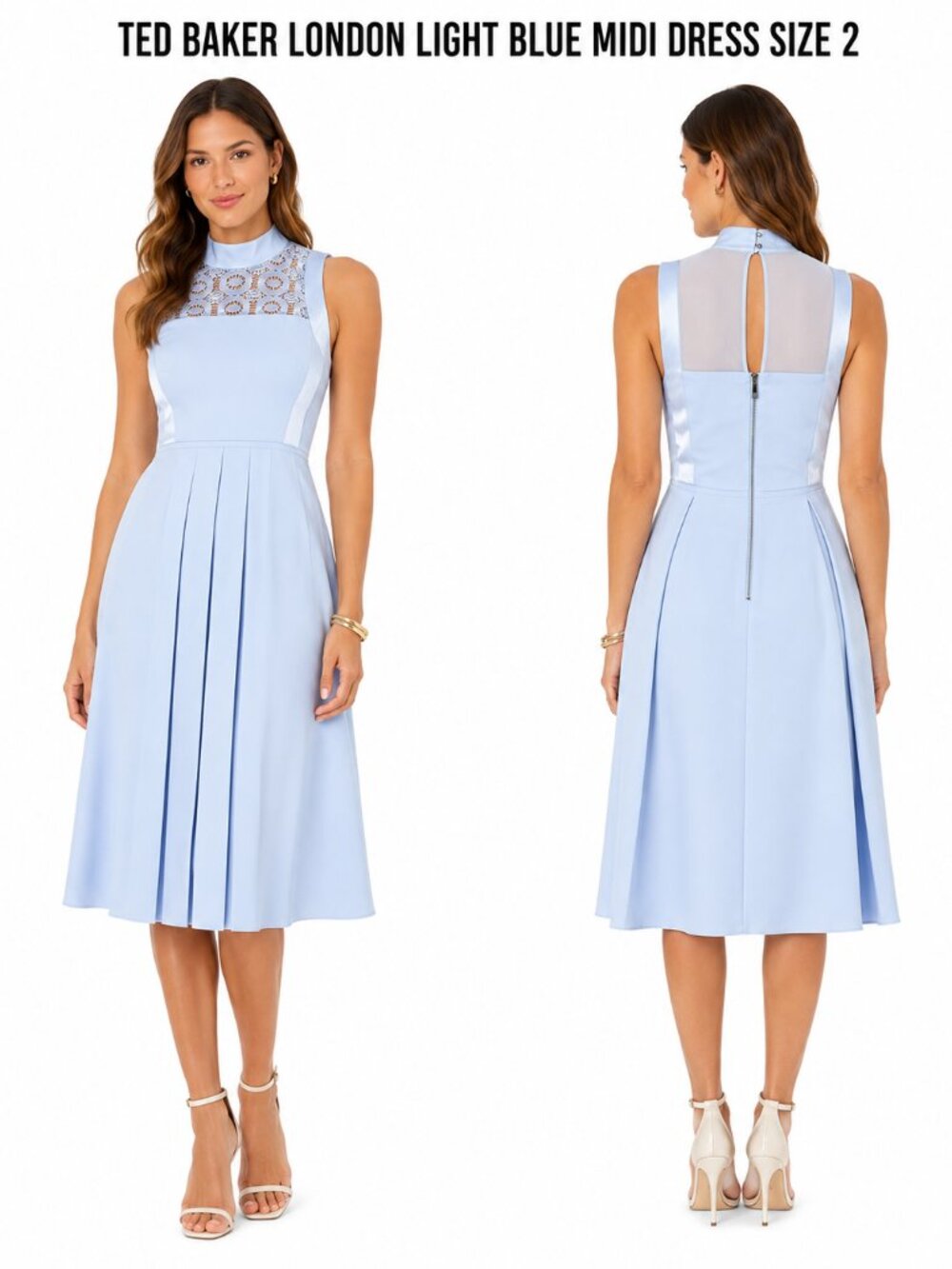 TED BAKER LIGHT BLUE LACE-YOKE MIDI DRESS SIZE 2